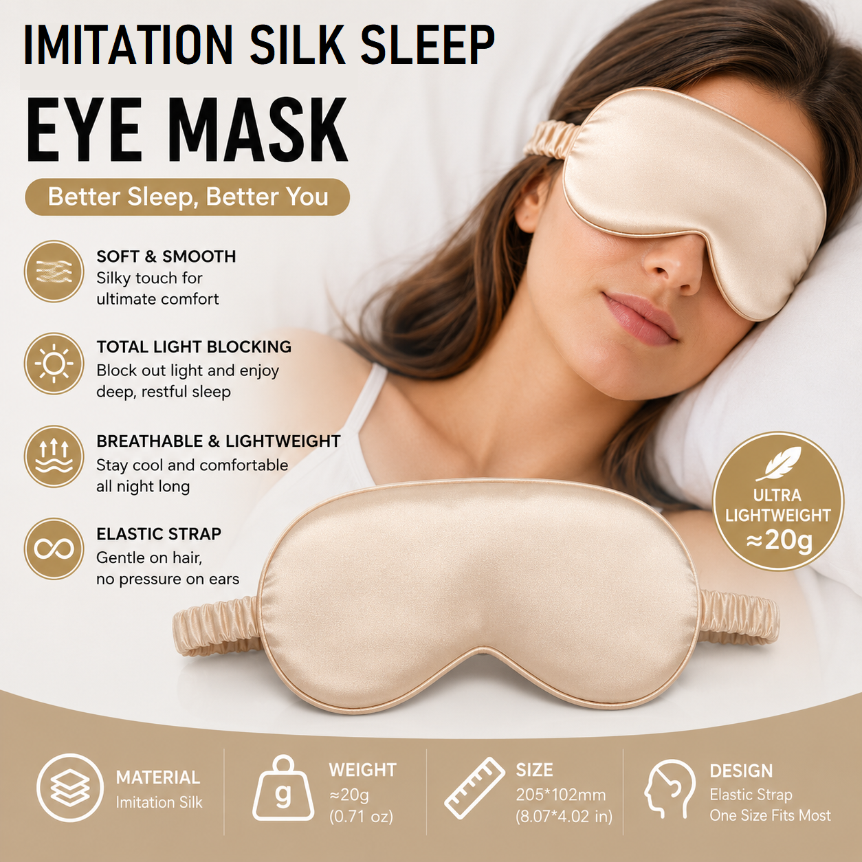 Champagne gold Imitation Silk Sleep Eye Mask - Soft Breathable Light Blocking