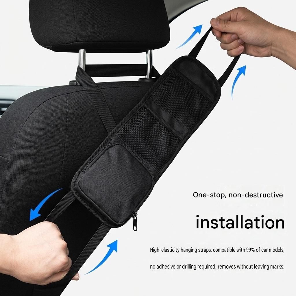 Black Universal Car Seat Side Storage Organizer - Oxford Cloth Mesh Hanging view 4