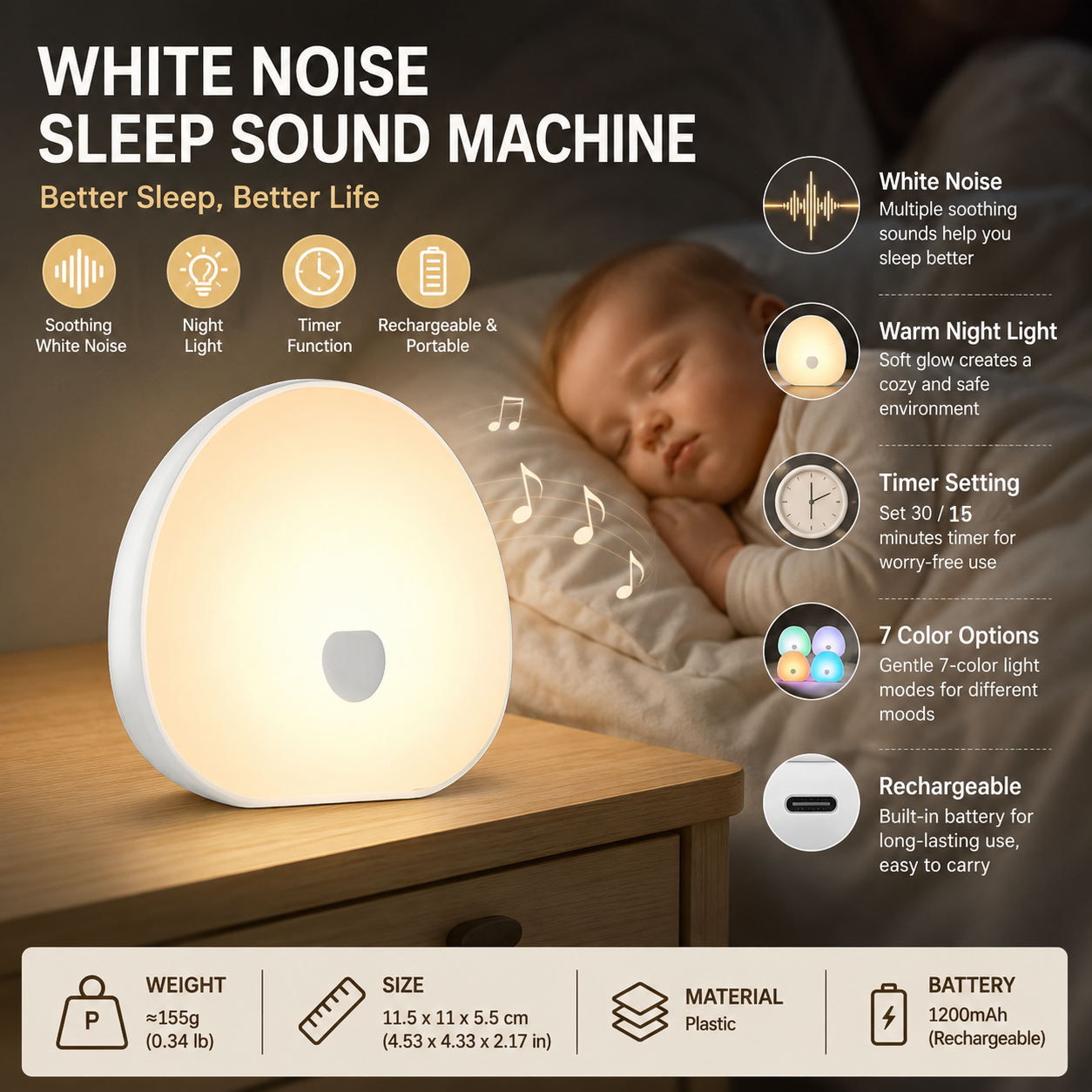 White Rechargeable White Noise Sleep Aid Night Light - 10 Soothing Nature Sounds — image 1