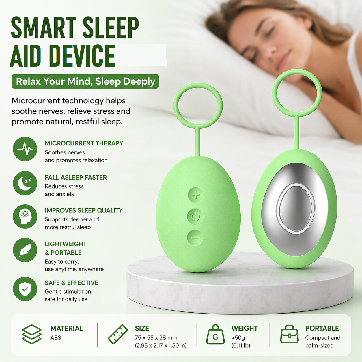 Green Portable Handheld Sleep Aid Device - CES Microcurrent Relaxation Tool