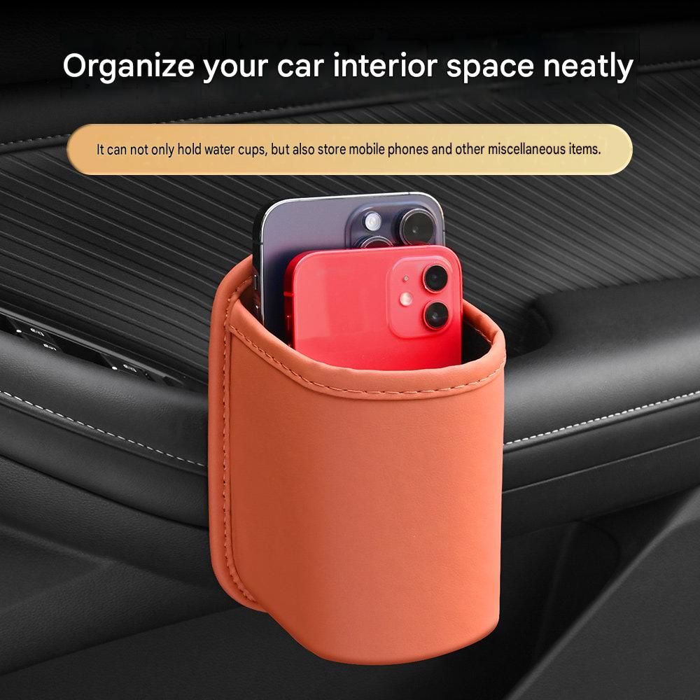 Black Universal Car Door Cup Holder - PU Leather Hanging Storage Organizer for view 3