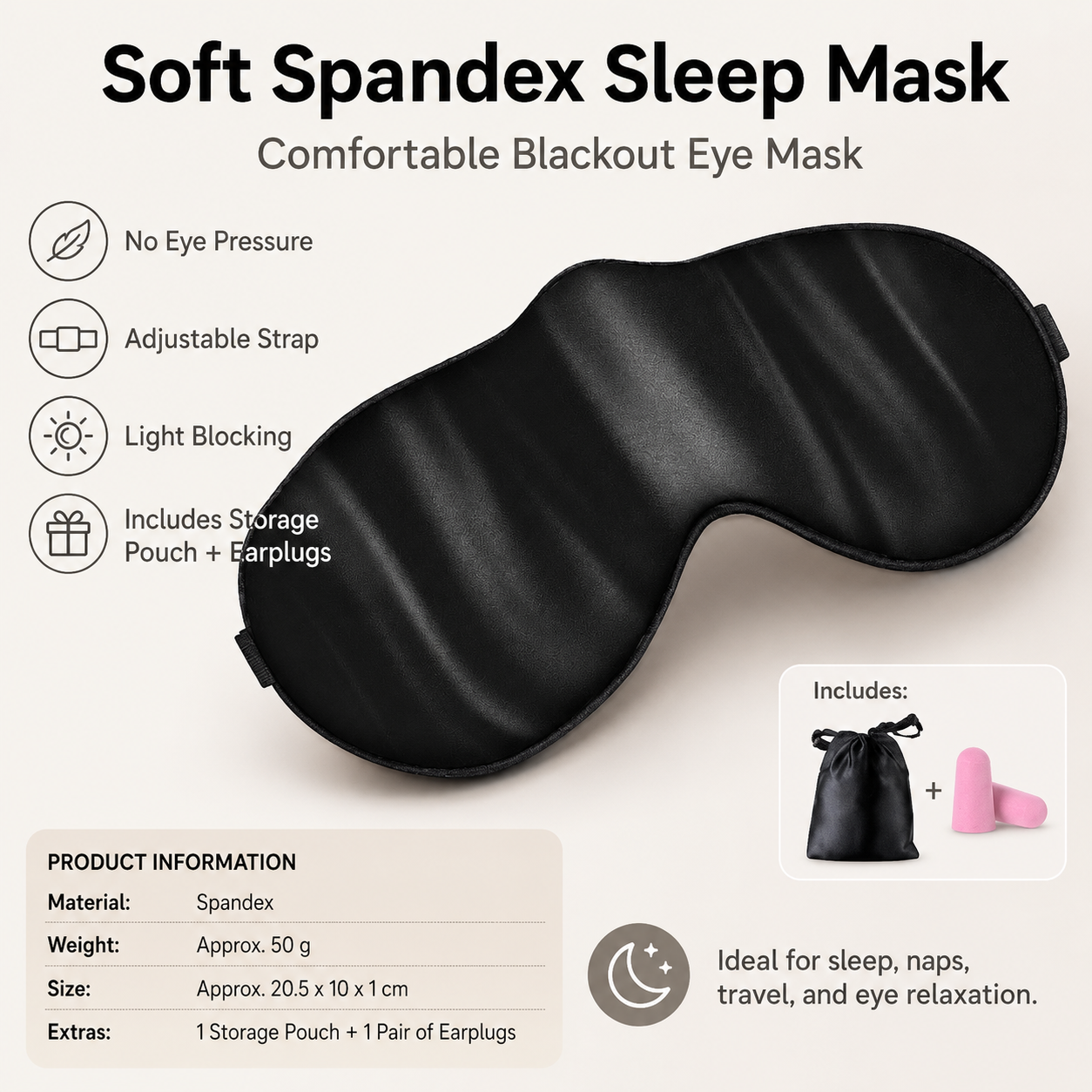 Black Spandex Sleep Eye Mask - 360 Degree Blackout