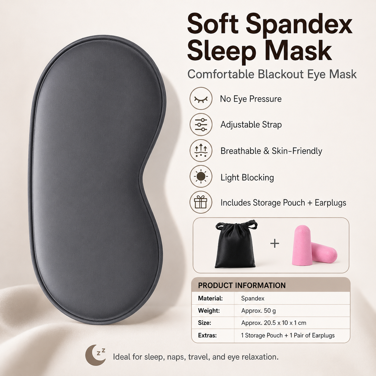Grey Spandex Sleep Eye Mask - 360 Degree Blackout