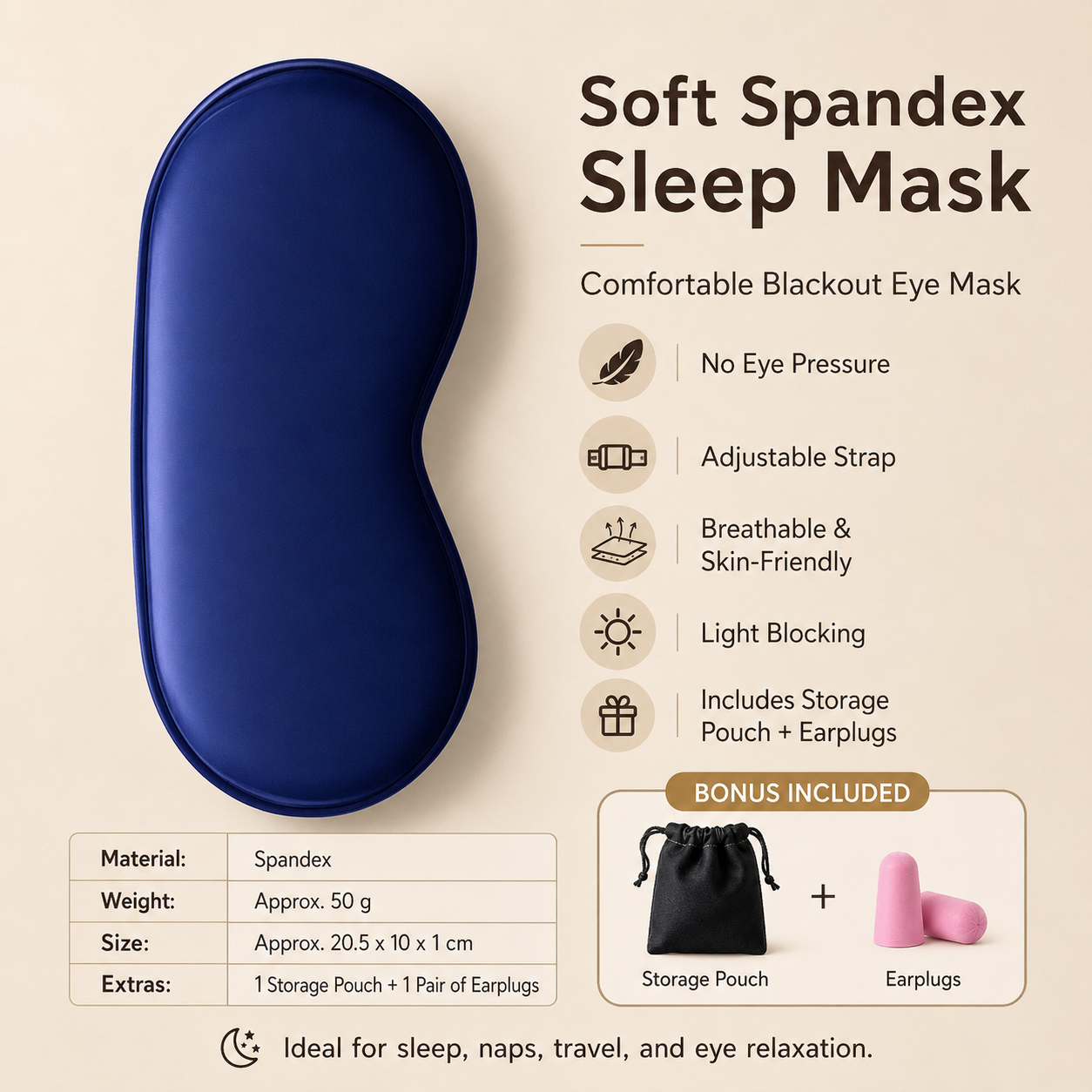 Blue Spandex Sleep Eye Mask - 360 Degree Blackout