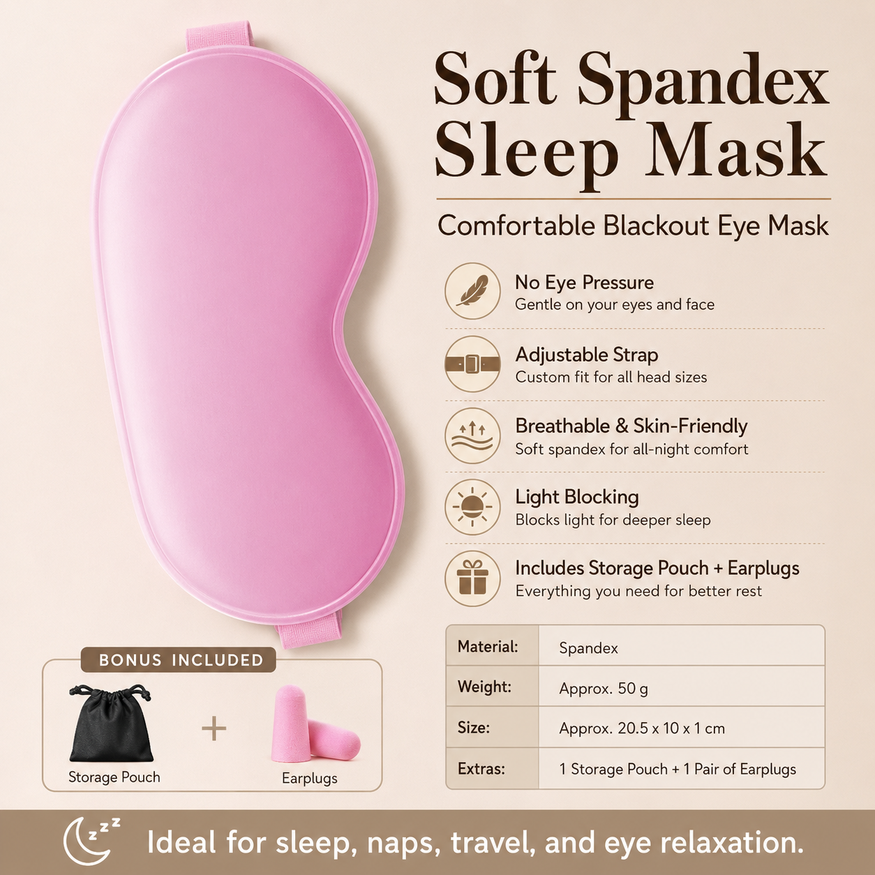Pink Spandex Sleep Eye Mask - 360 Degree Blackout