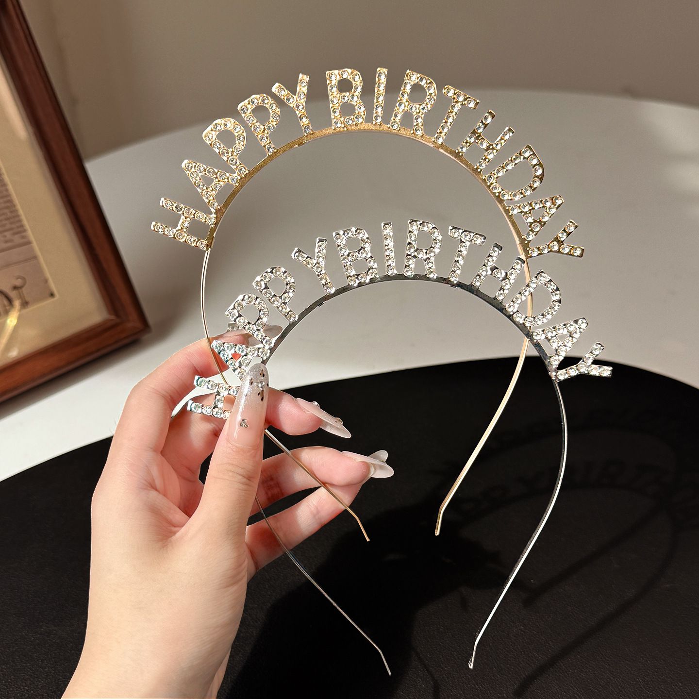 Golden Happy Birthday Rhinestone Headband - Alloy Party Hair Accessory with view 4