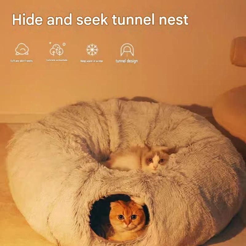 Grey Foldable Cat Tunnel Bed - Plush 2-in-1 Pet Nest with 26cm Wide Opening view 2