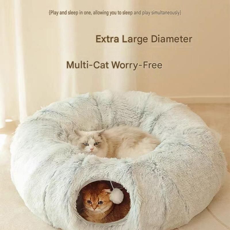 Grey Foldable Cat Tunnel Bed - Plush 2-in-1 Pet Nest with 26cm Wide Opening view 3