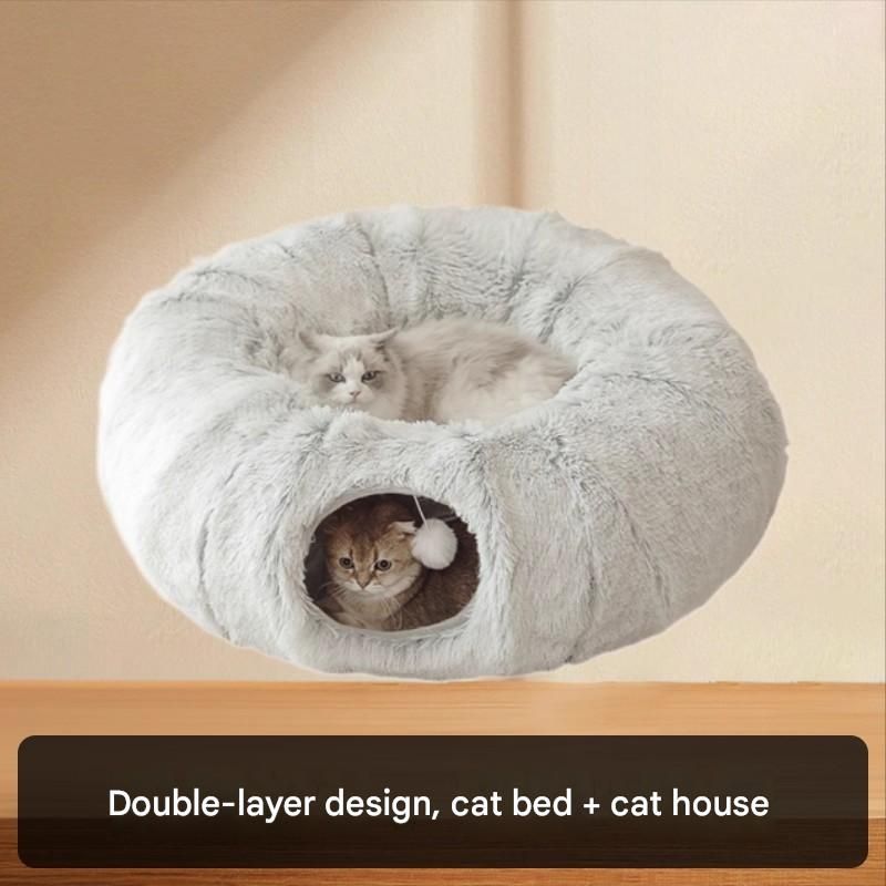 Grey Foldable Cat Tunnel Bed - Plush 2-in-1 Pet Nest with 26cm Wide Opening view 4