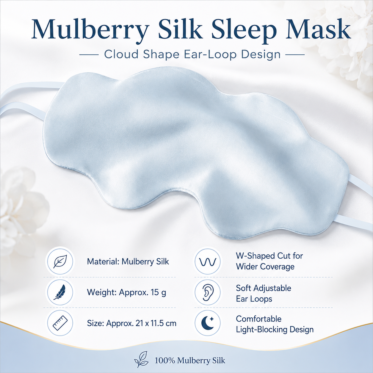 Blue Mulberry Silk Sleep Eye Mask - Cloud Shaped Blackout Blindfold with