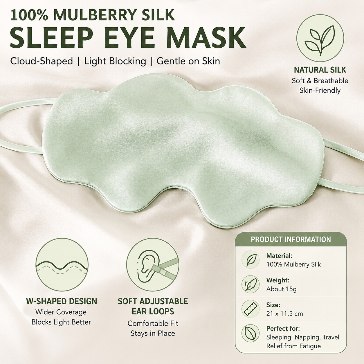 Green Mulberry Silk Sleep Eye Mask - Cloud Shaped Blackout Blindfold with