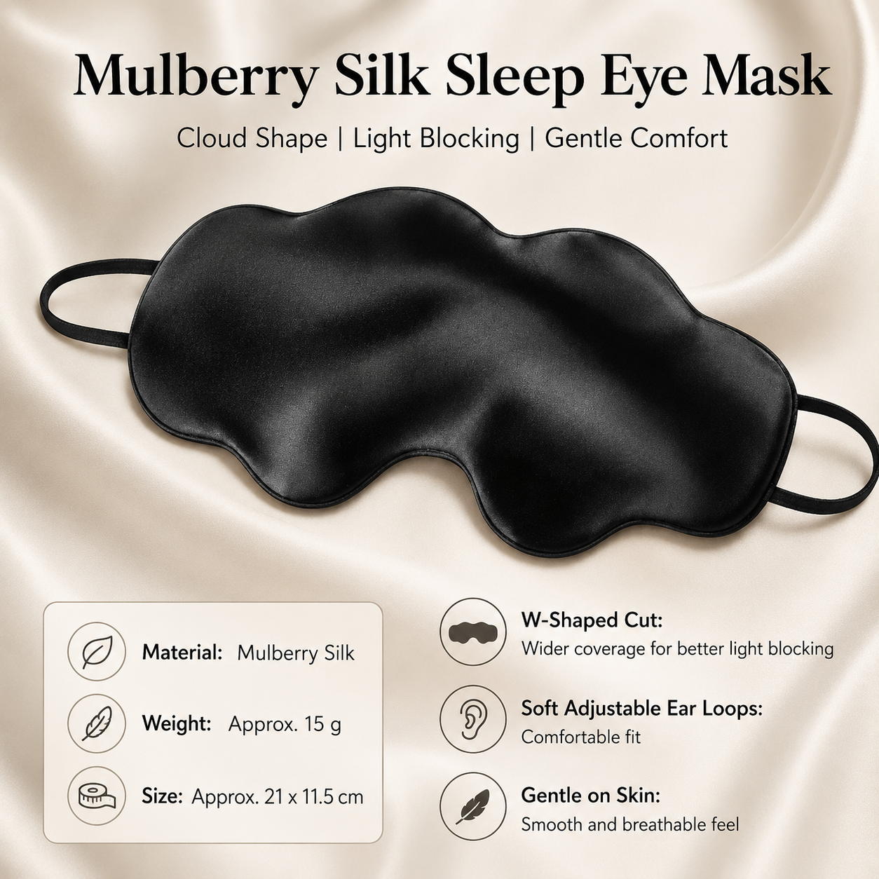 Black Mulberry Silk Sleep Eye Mask - Cloud Shaped Blackout Blindfold with