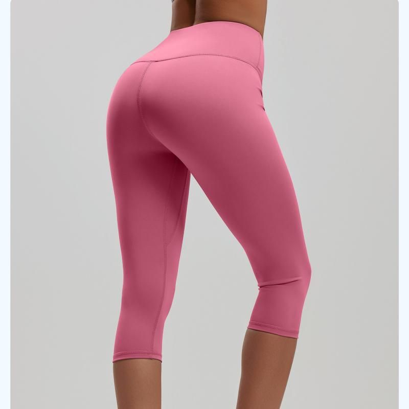 Pink S Size Women's High Waist 3/4 Yoga Leggings - Peach Hip Lift Design view 9