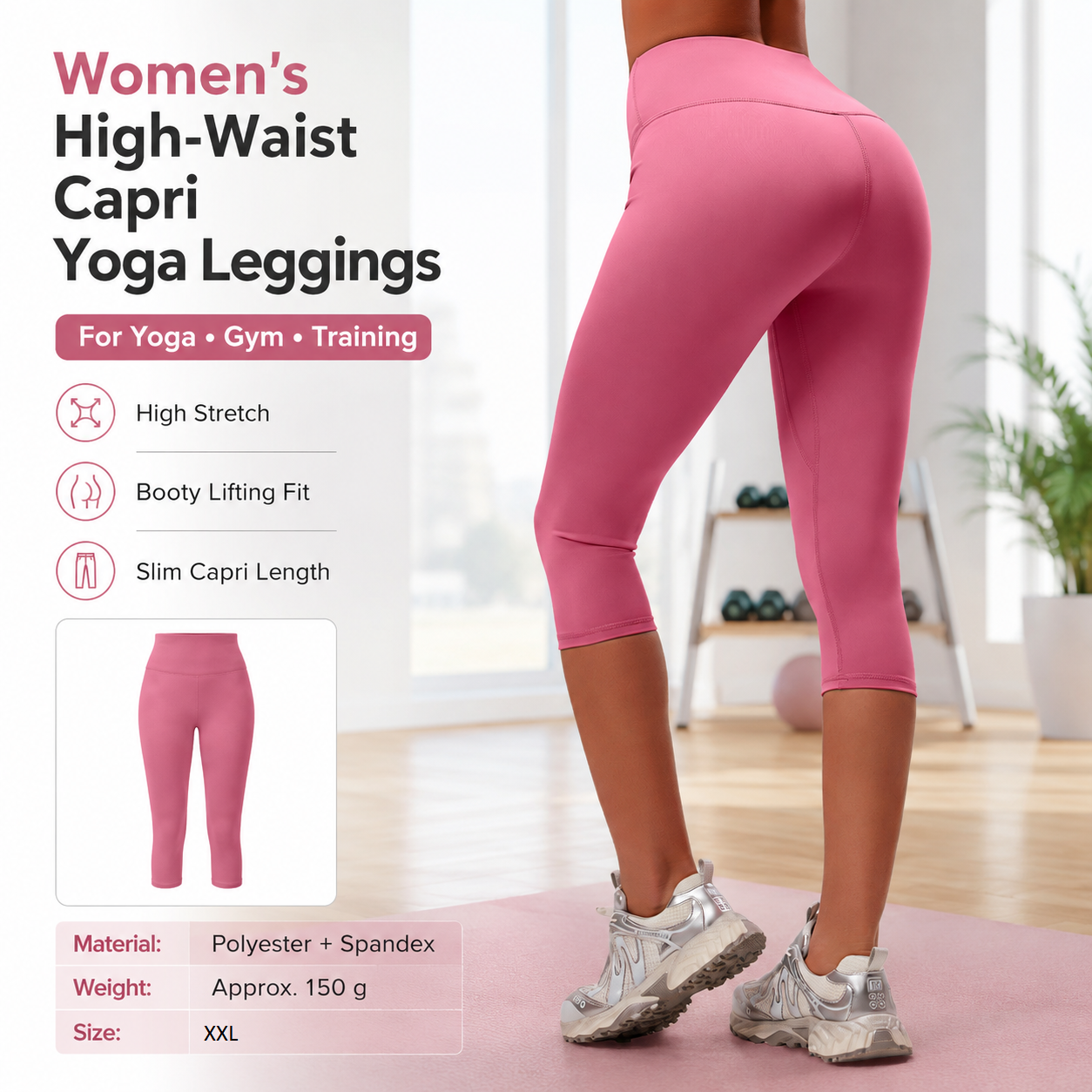 Pink XXL Size Women's High Waist 3/4 Yoga Leggings - Peach Hip Lift Design — image 1