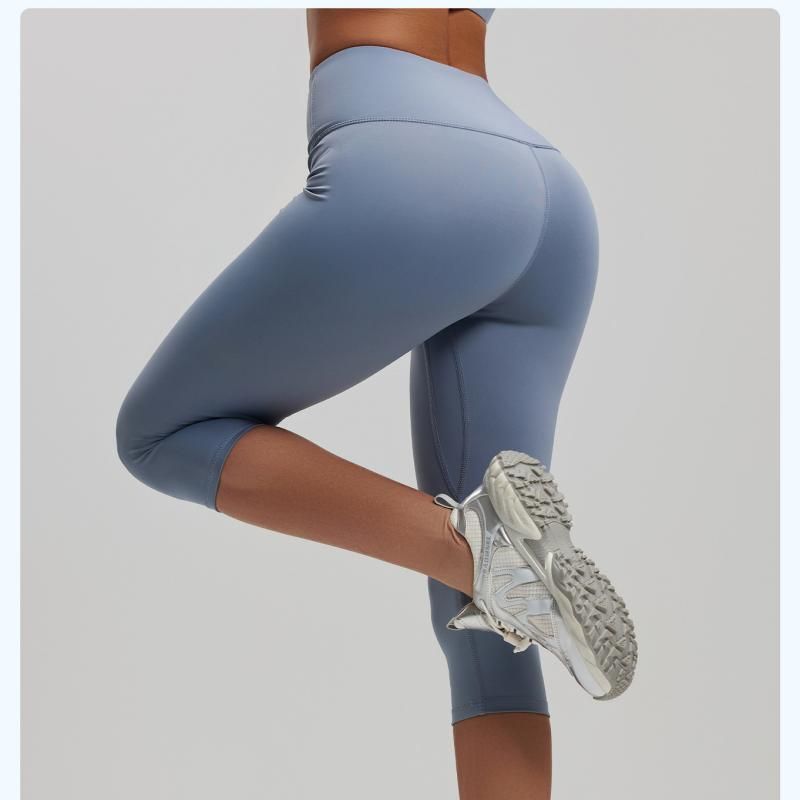 Dusty Blue M Size Women's High Waist 3/4 Yoga Leggings - Peach Hip Lift Design view 9