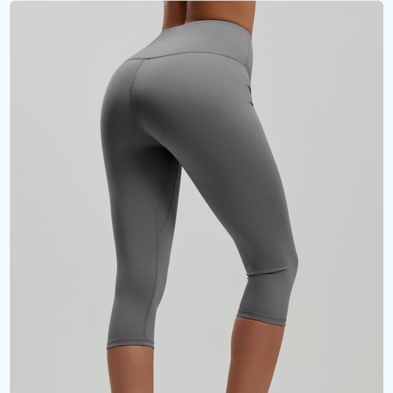 Grey L Size Women's High Waist 3/4 Yoga Leggings - Peach Hip Lift Design view 9