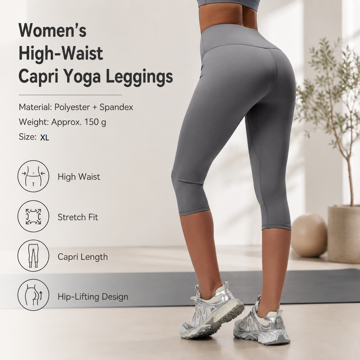 Grey XL Size Women's High Waist 3/4 Yoga Leggings - Peach Hip Lift Design — image 1