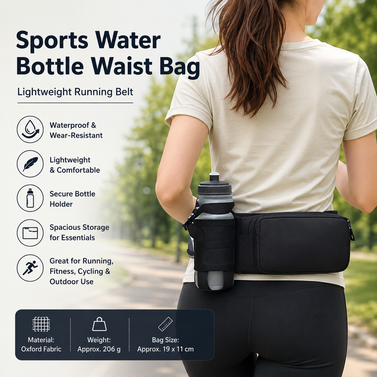Black Waterproof Sports Waist Bag with Water Bottle Holder - Lightweight