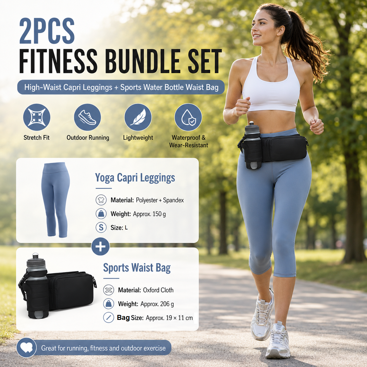 Winter Fitness Bundle - Blue L size Women's High Waist 3/4 Yoga Leggings with