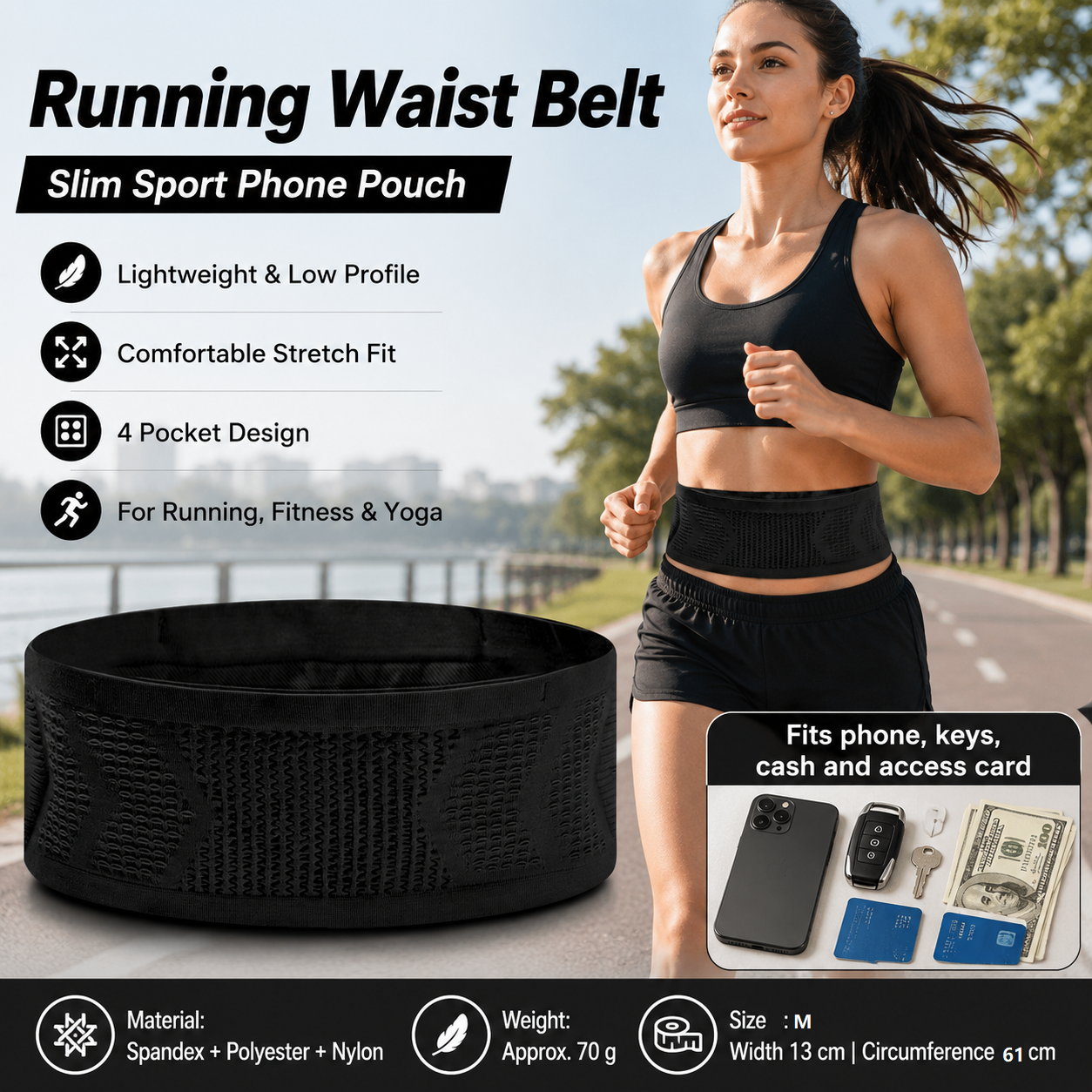 Black M Size Running Waist Belt - High Stretch Spandex Nylon Blend