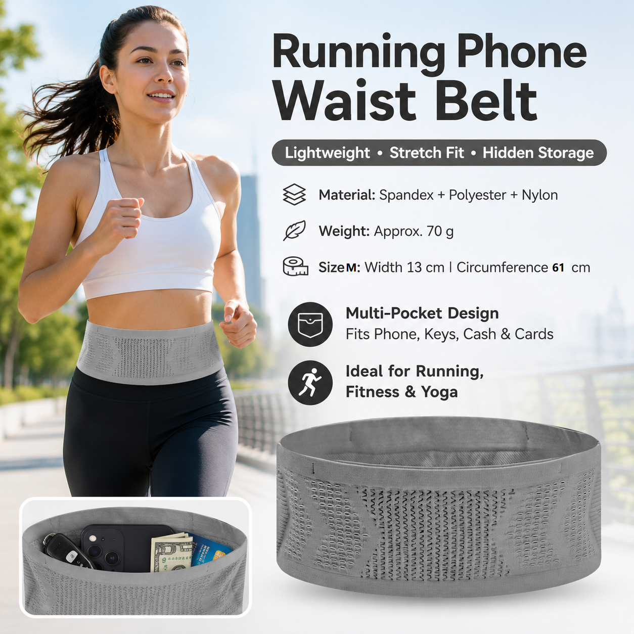 Grey M Size Running Waist Belt - High Stretch Spandex Nylon Blend