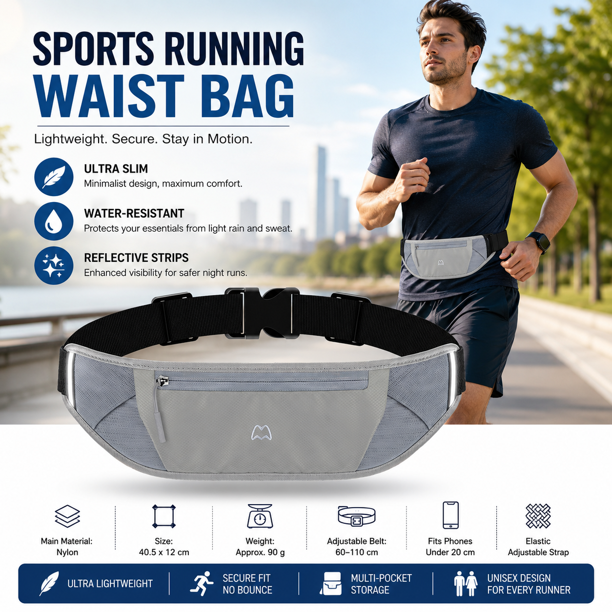 Grey Running Waist Pack—Made of waterproof nylon with an adjustable strap