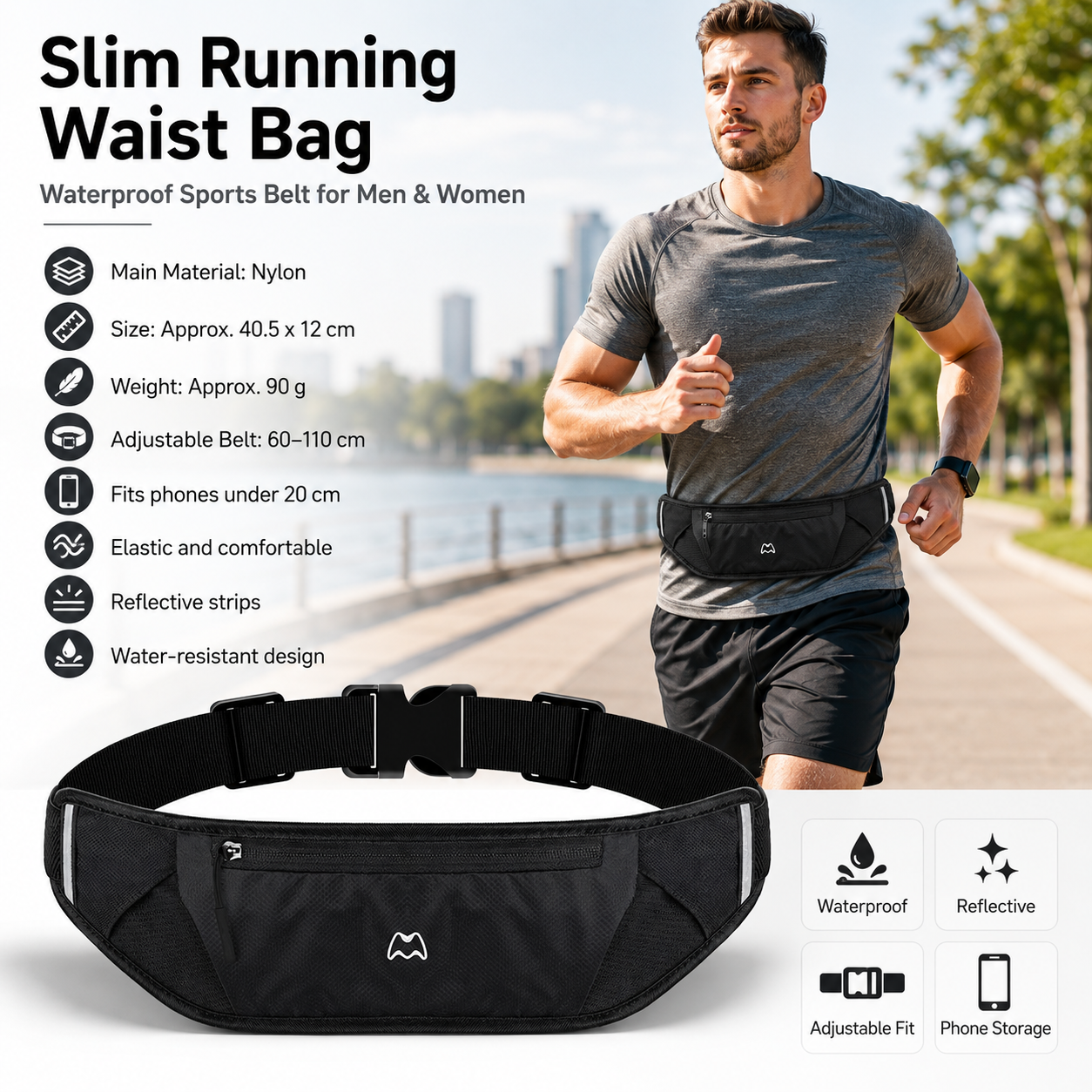 Black Running Waist Pack—Made of waterproof nylon with an adjustable strap