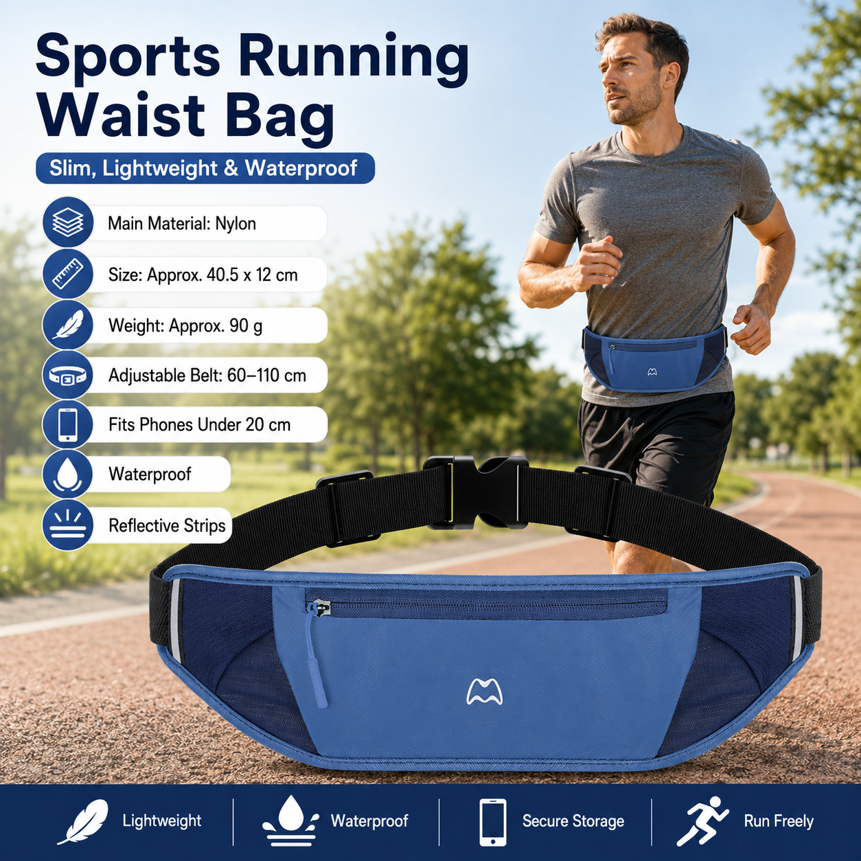 Blue Running Waist Pack—Made of waterproof nylon with an adjustable strap