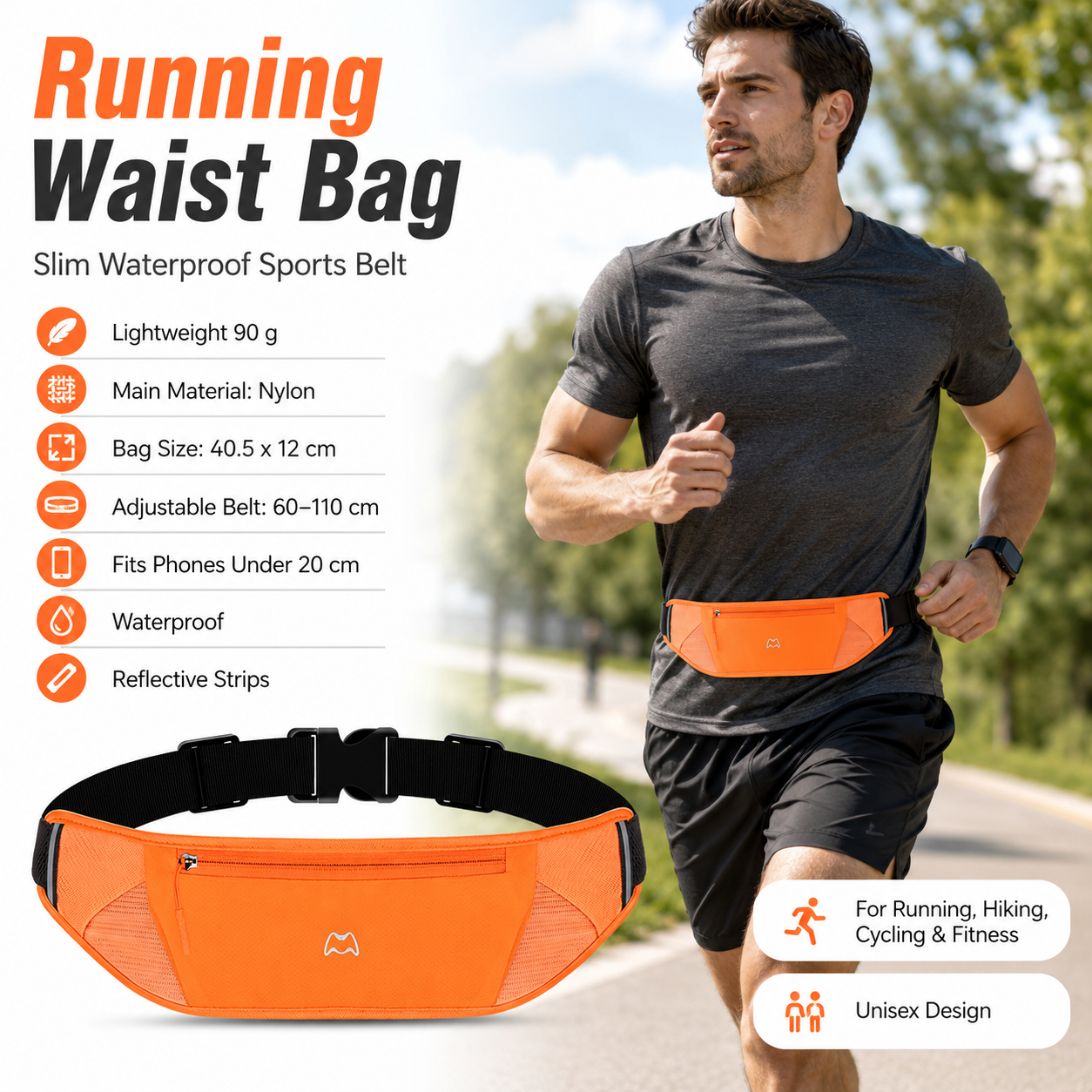 Orange Running Waist Pack—Made of waterproof nylon with an adjustable strap