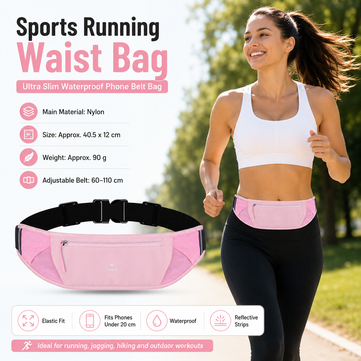 Pink Running Waist Pack—Made of waterproof nylon with an adjustable strap