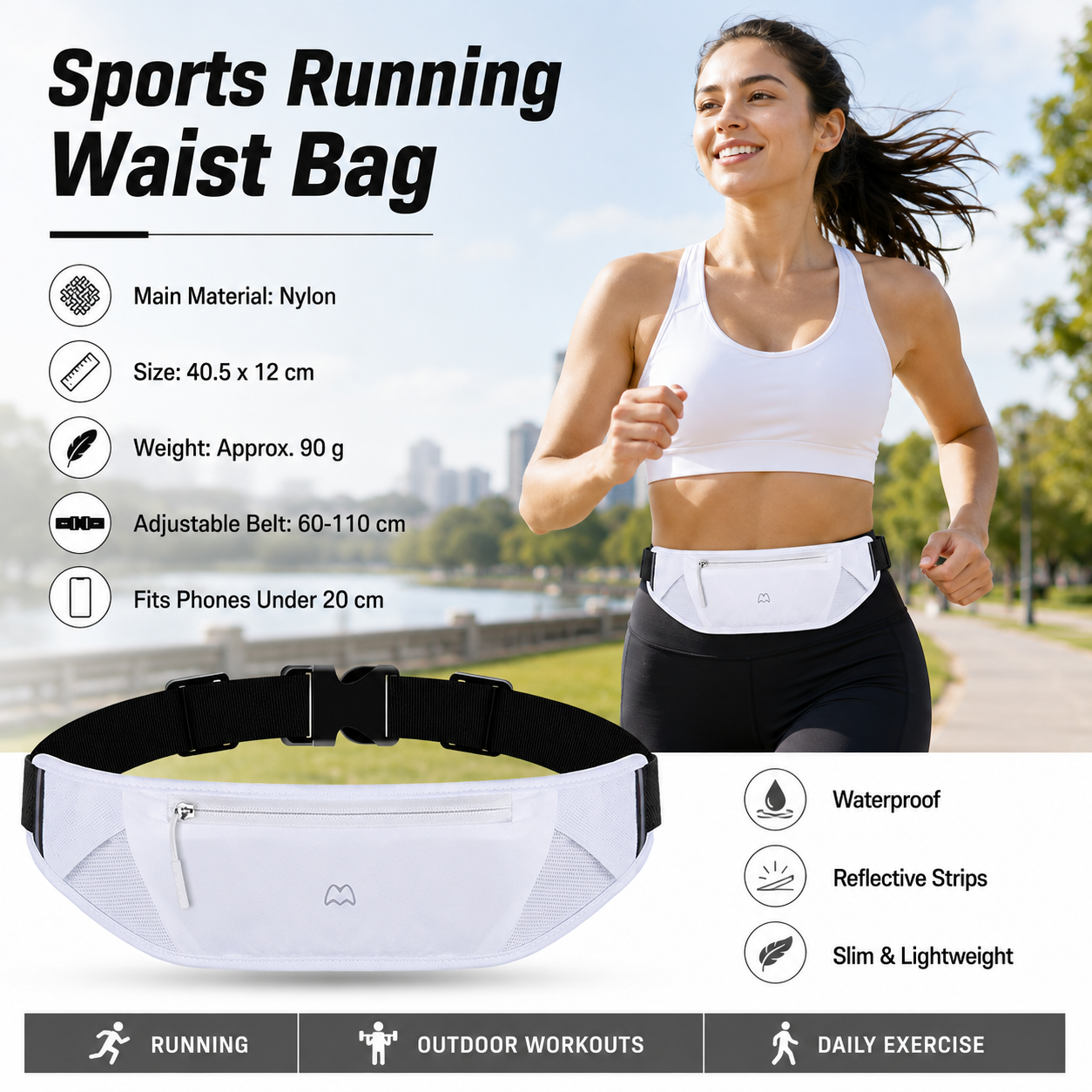 White Running Waist Pack—Made of waterproof nylon with an adjustable strap