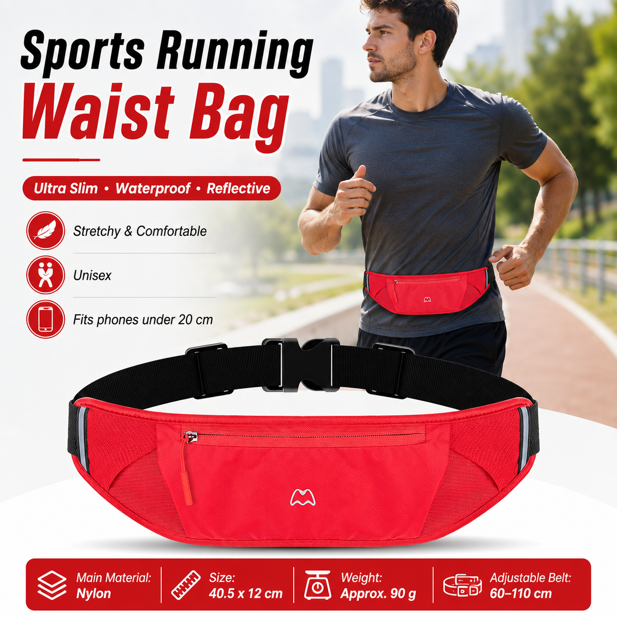 Red Running Waist Pack—Made of waterproof nylon with an adjustable strap (fits