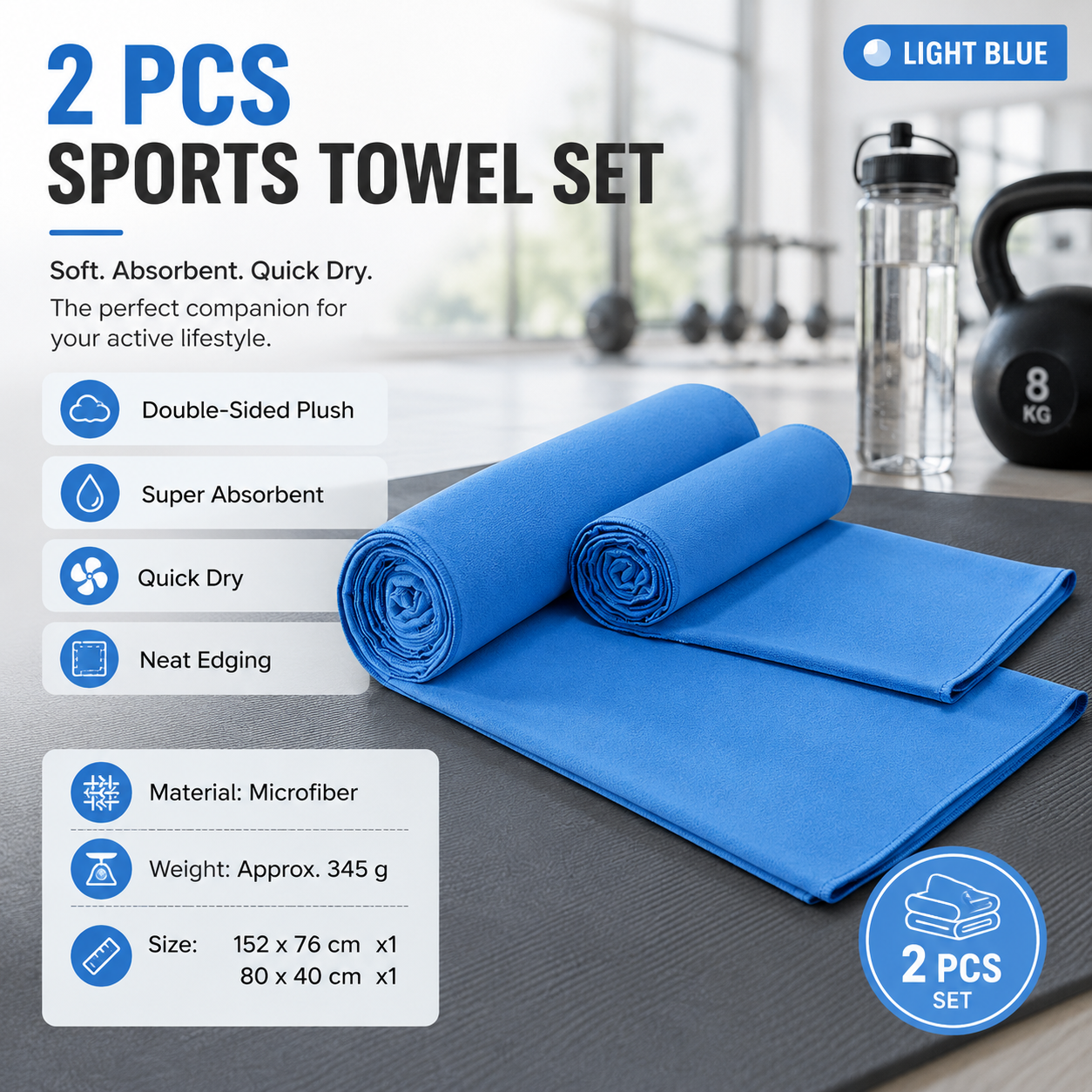 2 Piece Light Blue Microfiber Sports Towel Set - 152*76cm and 80*40cm Quick