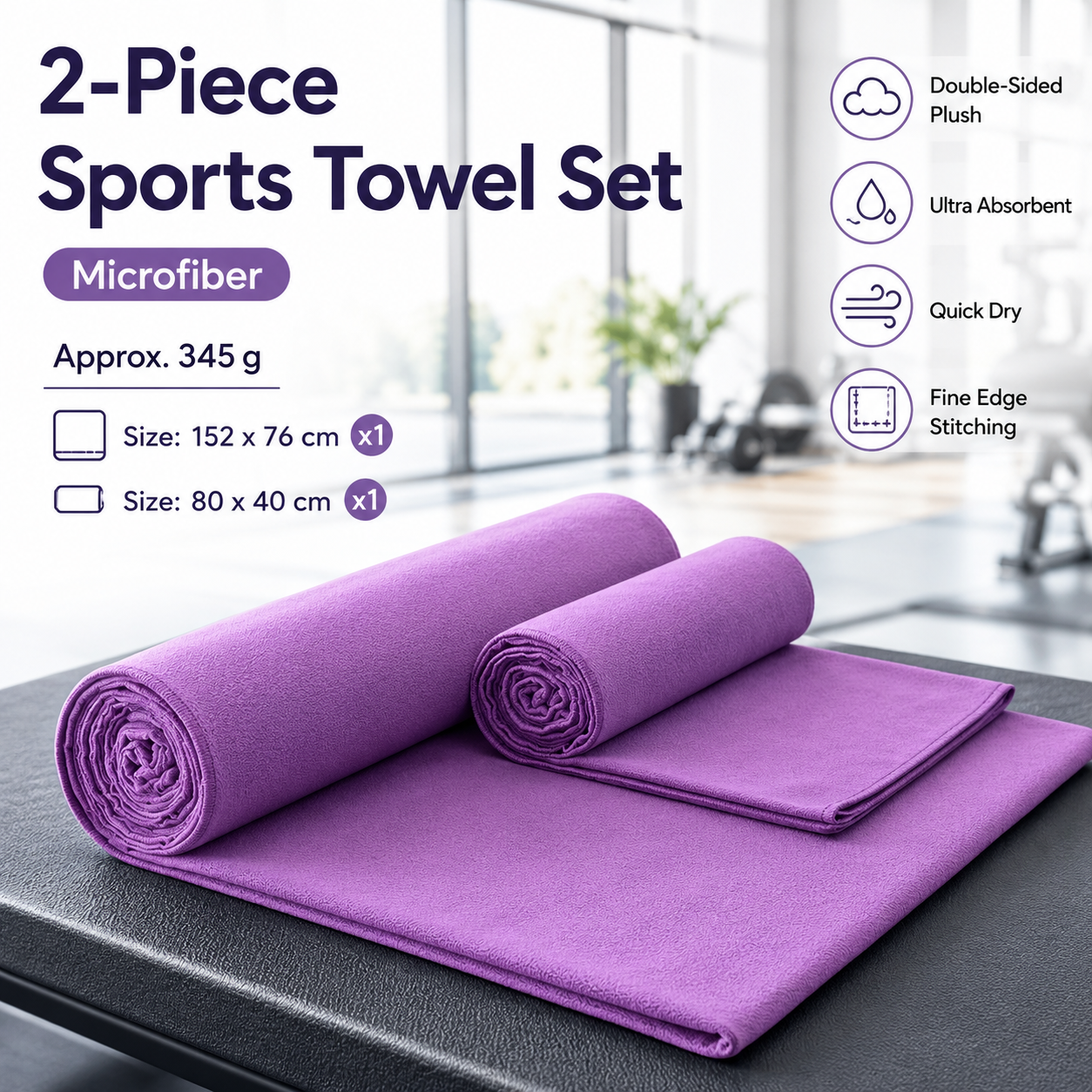 2 Piece Purple Microfiber Sports Towel Set - 152*76cm and 80*40cm Quick Dry