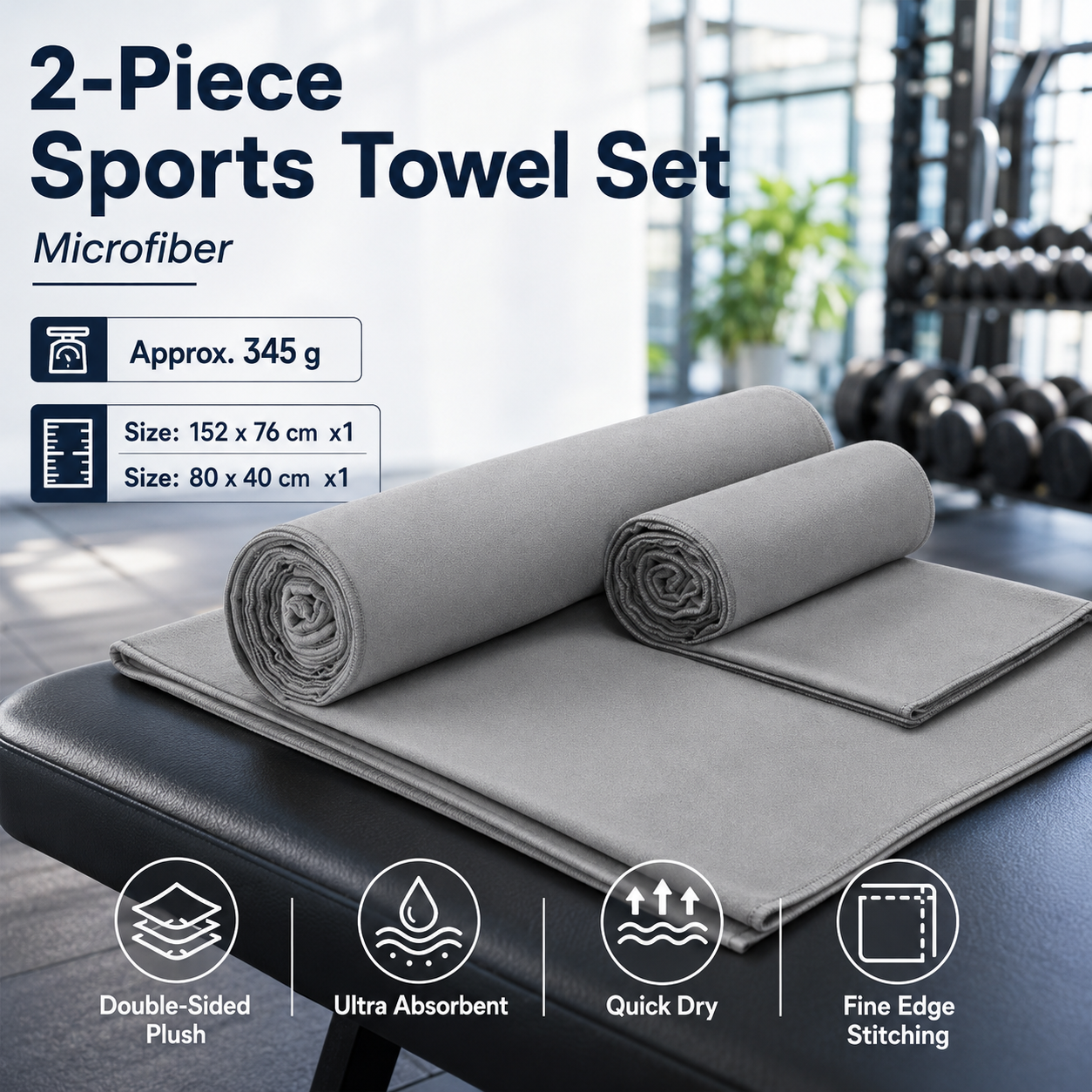 2 Piece Grey Microfiber Sports Towel Set - 152*76cm and 80*40cm Quick Dry Gym