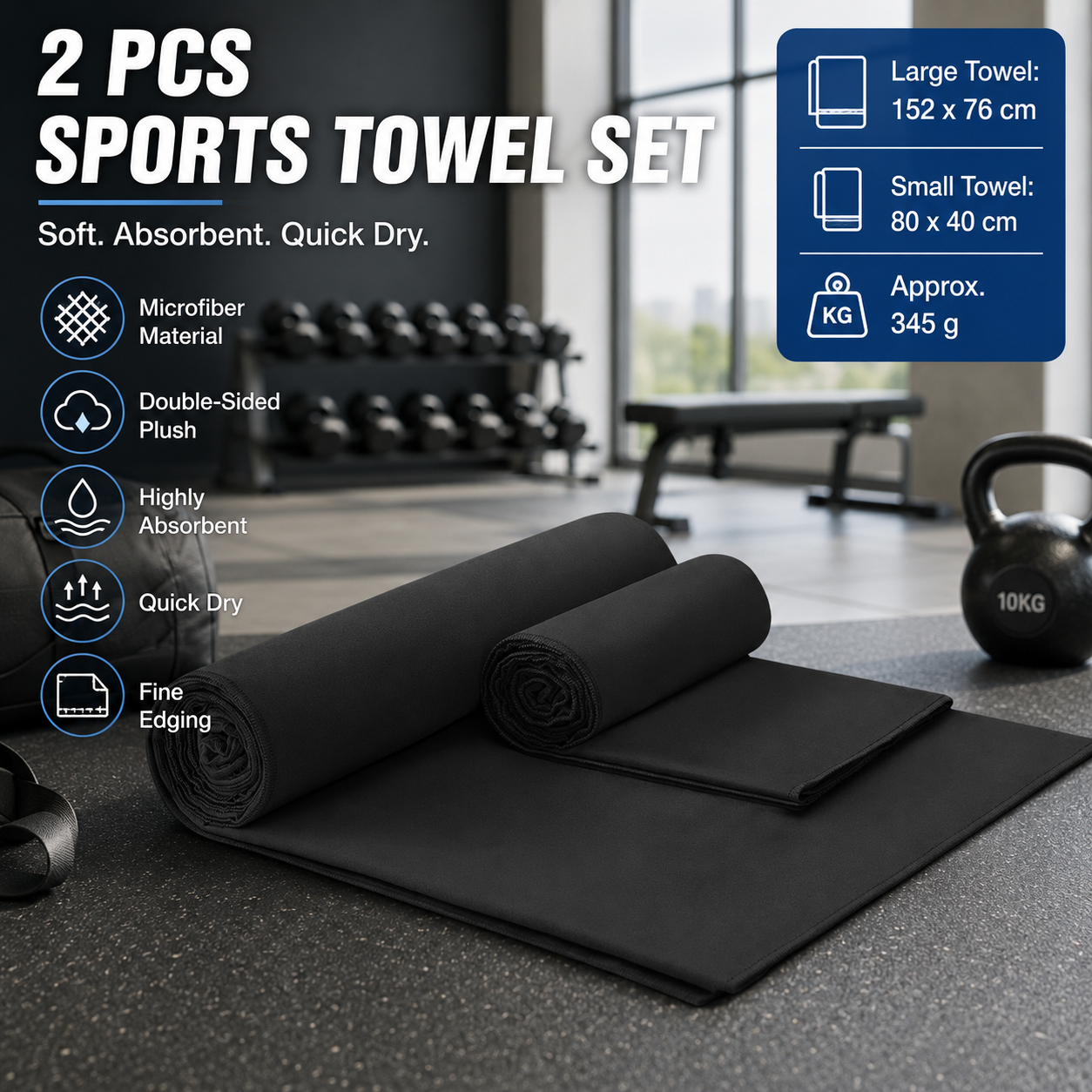 2 Piece Black Microfiber Sports Towel Set - 152*76cm and 80*40cm Quick Dry Gym