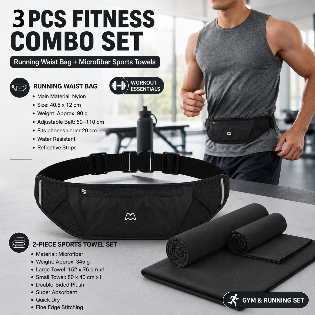 Dry and Breathable Sports combination-Black Running Waist Belt and Black