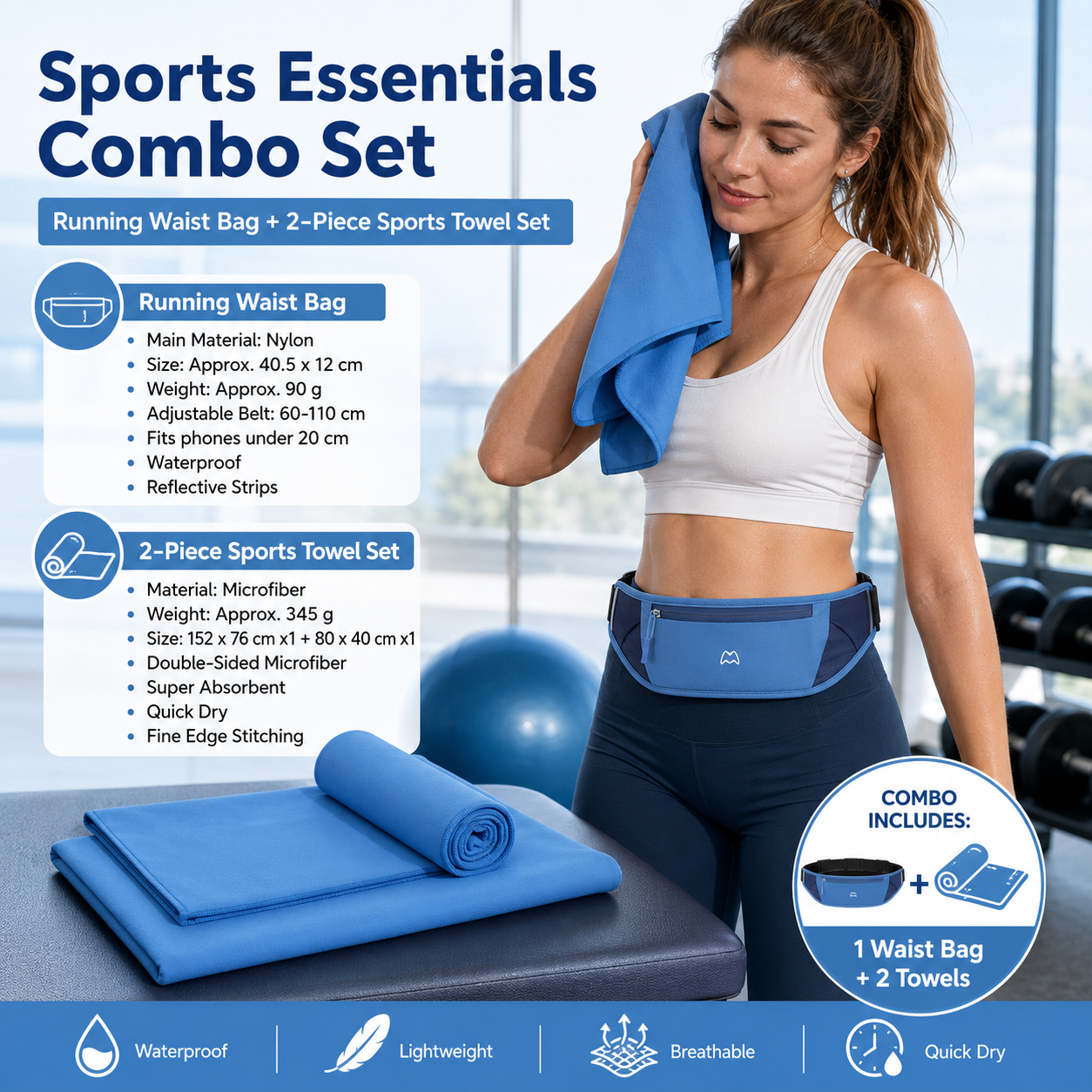 Dry and Breathable Sports combination-Blue Running Waist Belt and Blue