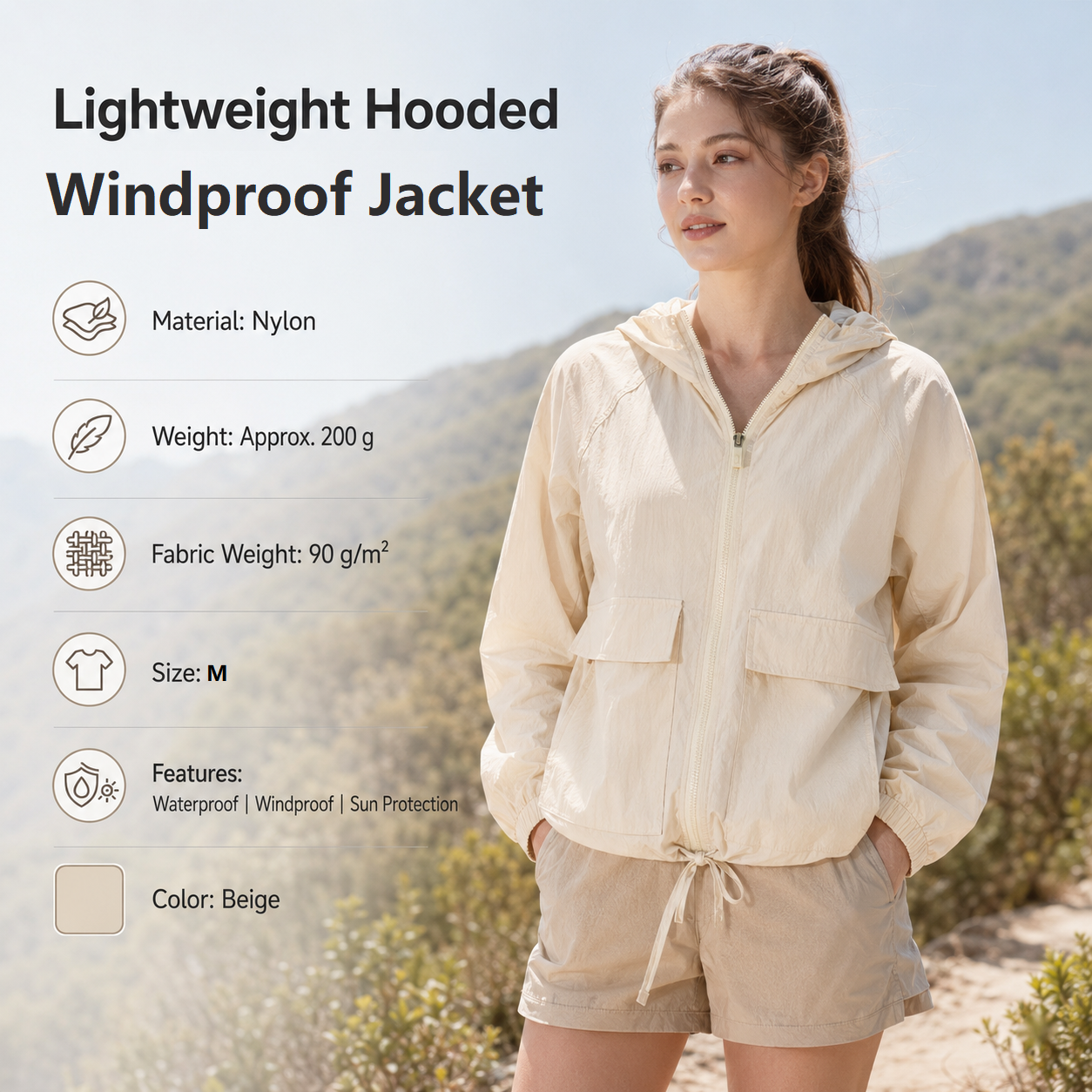 Beige M Size Women's Lightweight Hooded Windbreaker Jacket - Nylon