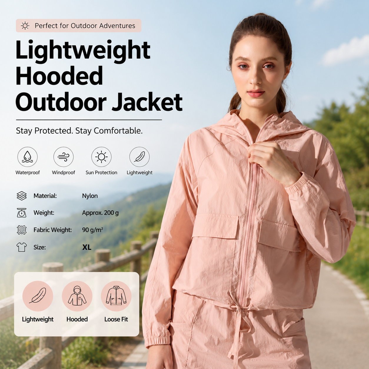 Pink XL Size Women's Lightweight Hooded Windbreaker Jacket - Nylon