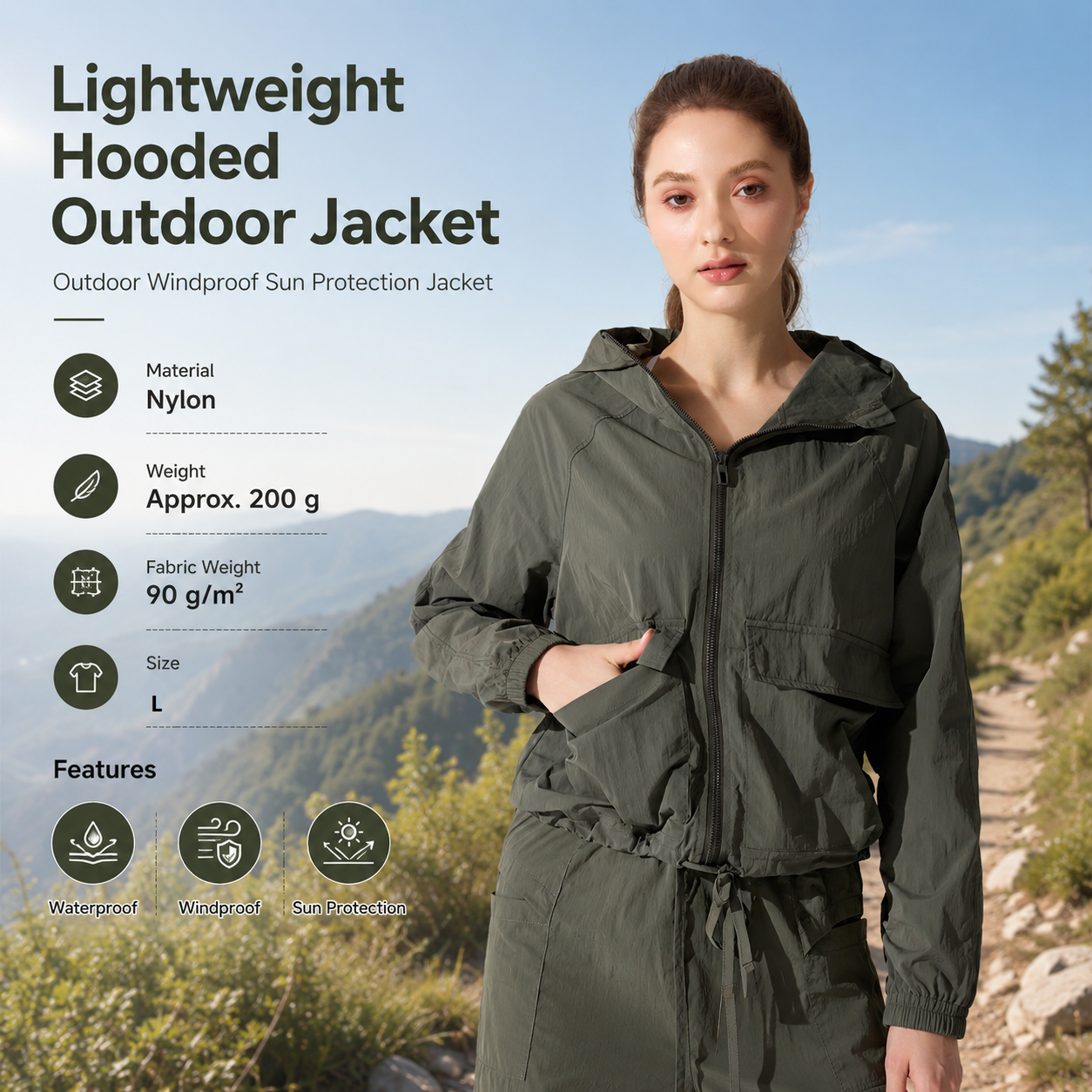 Green L Size Women's Lightweight Hooded Windbreaker Jacket - Nylon