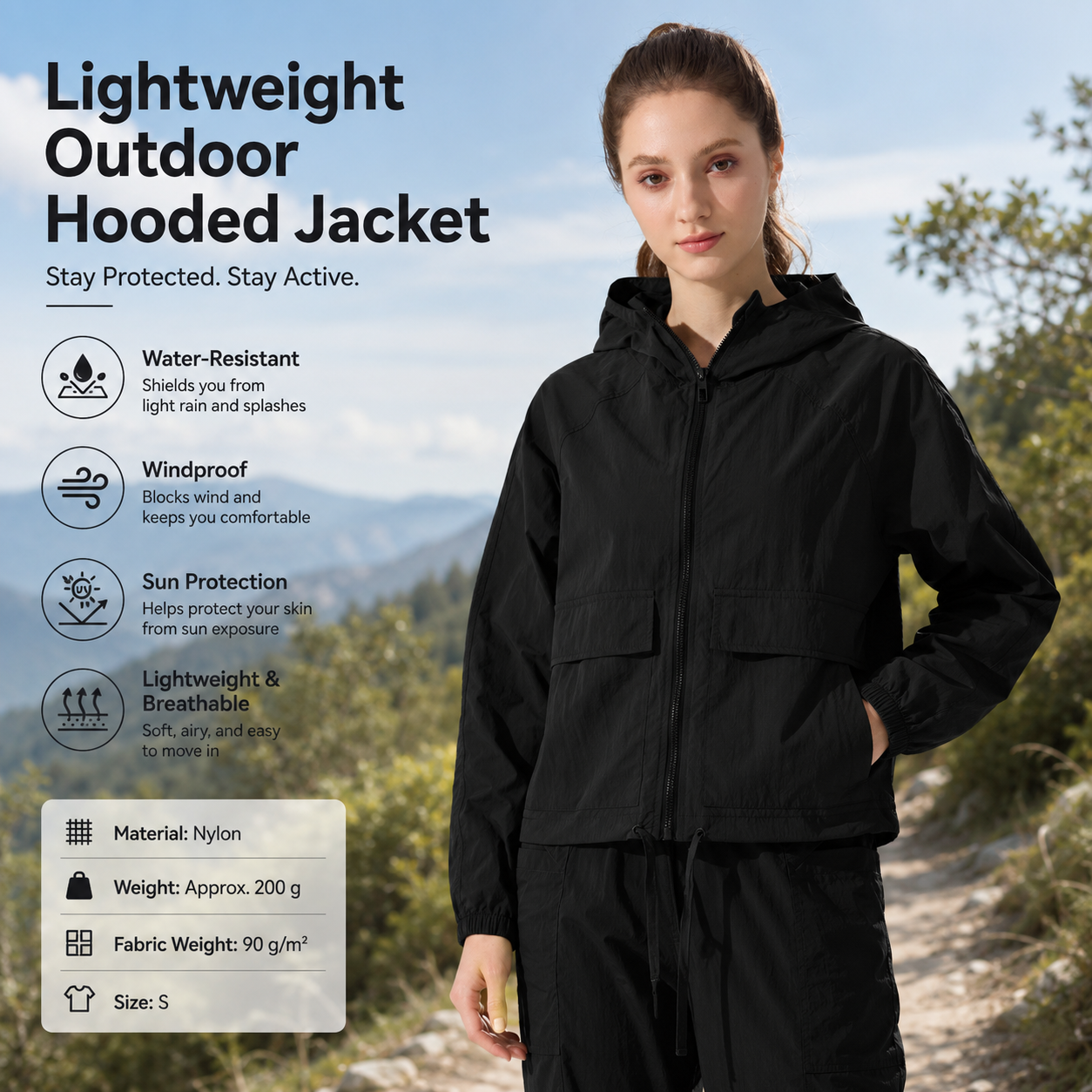 Black S Size Women's Lightweight Hooded Windbreaker Jacket - Nylon