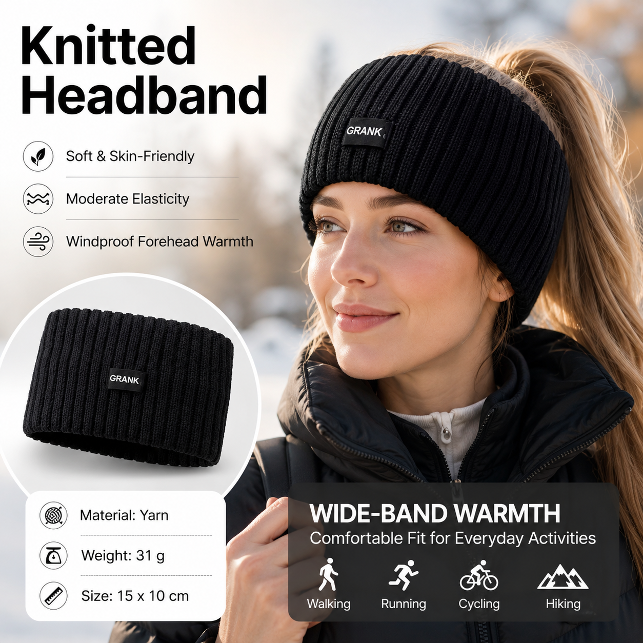 Black Women's Knitted Headkerchief- Soft Yarn Wide Ear Warmer Head Wrap
