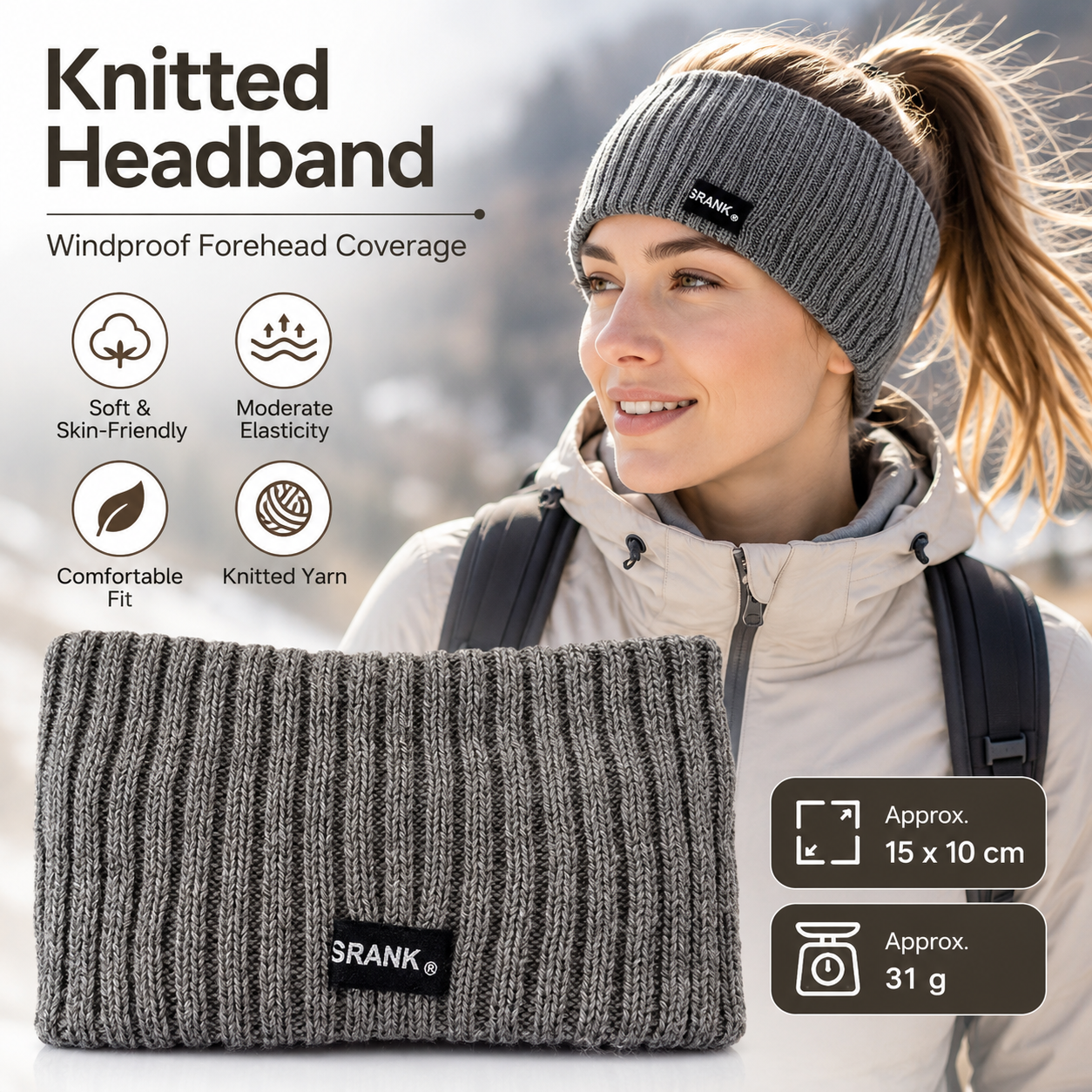 Grey Women's Knitted Headkerchief- Soft Yarn Wide Ear Warmer Head Wrap