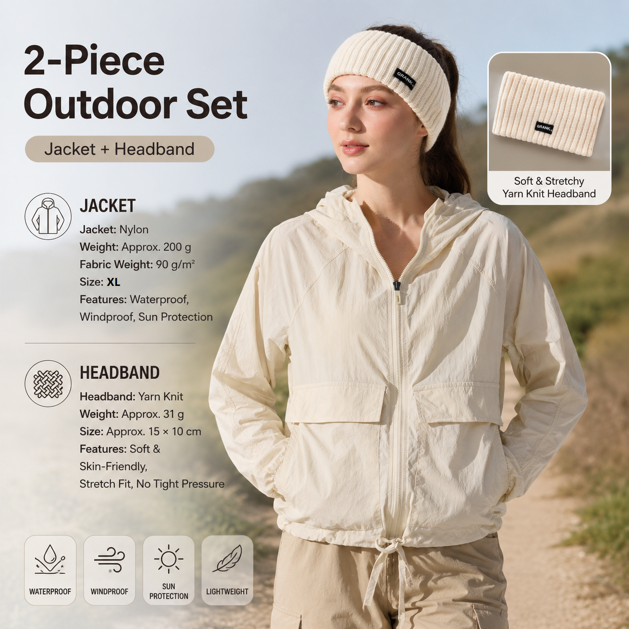 Women's Lightweight Outdoor Windproof and warm set - Beige XL Size Waterproof