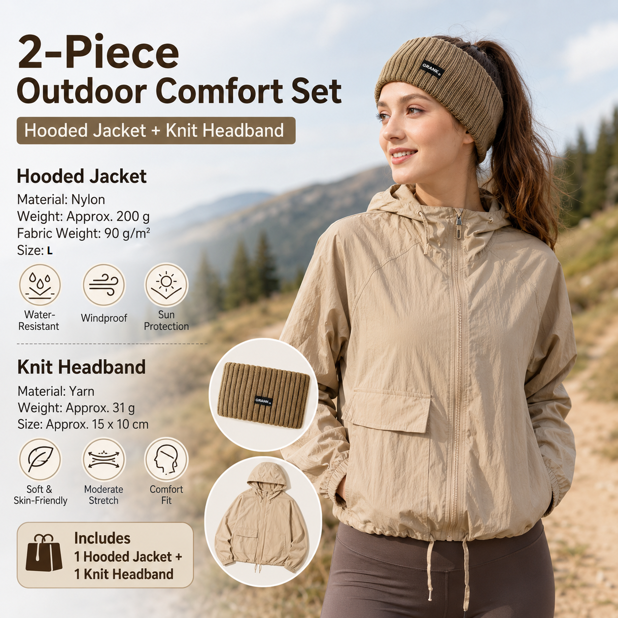 Women's Lightweight Outdoor Windproof and warm set - Khaki L Size Waterproof