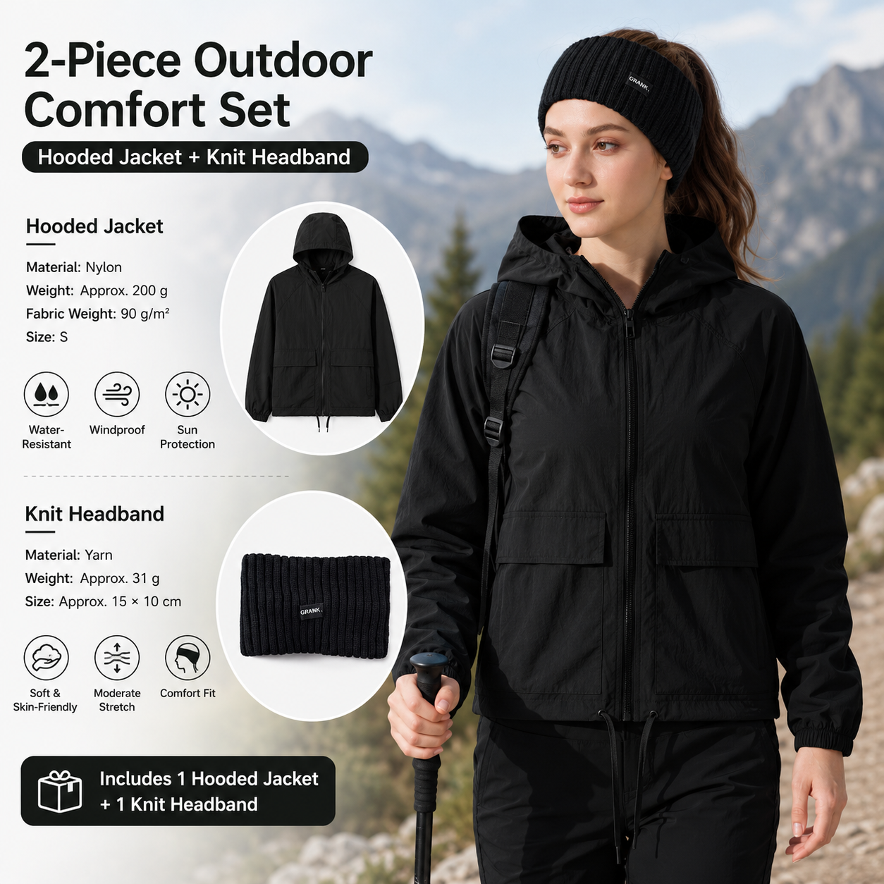 Women's Lightweight Outdoor Windproof and warm set - Black S Size Waterproof