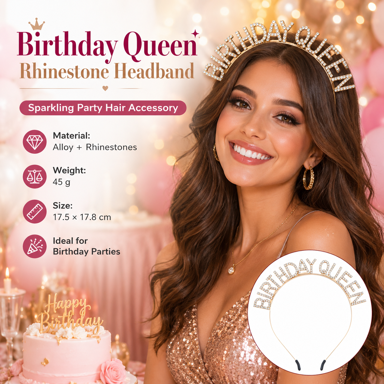 Golden Birthday queen Rhinestone decorative headband - Alloy Letter Hair