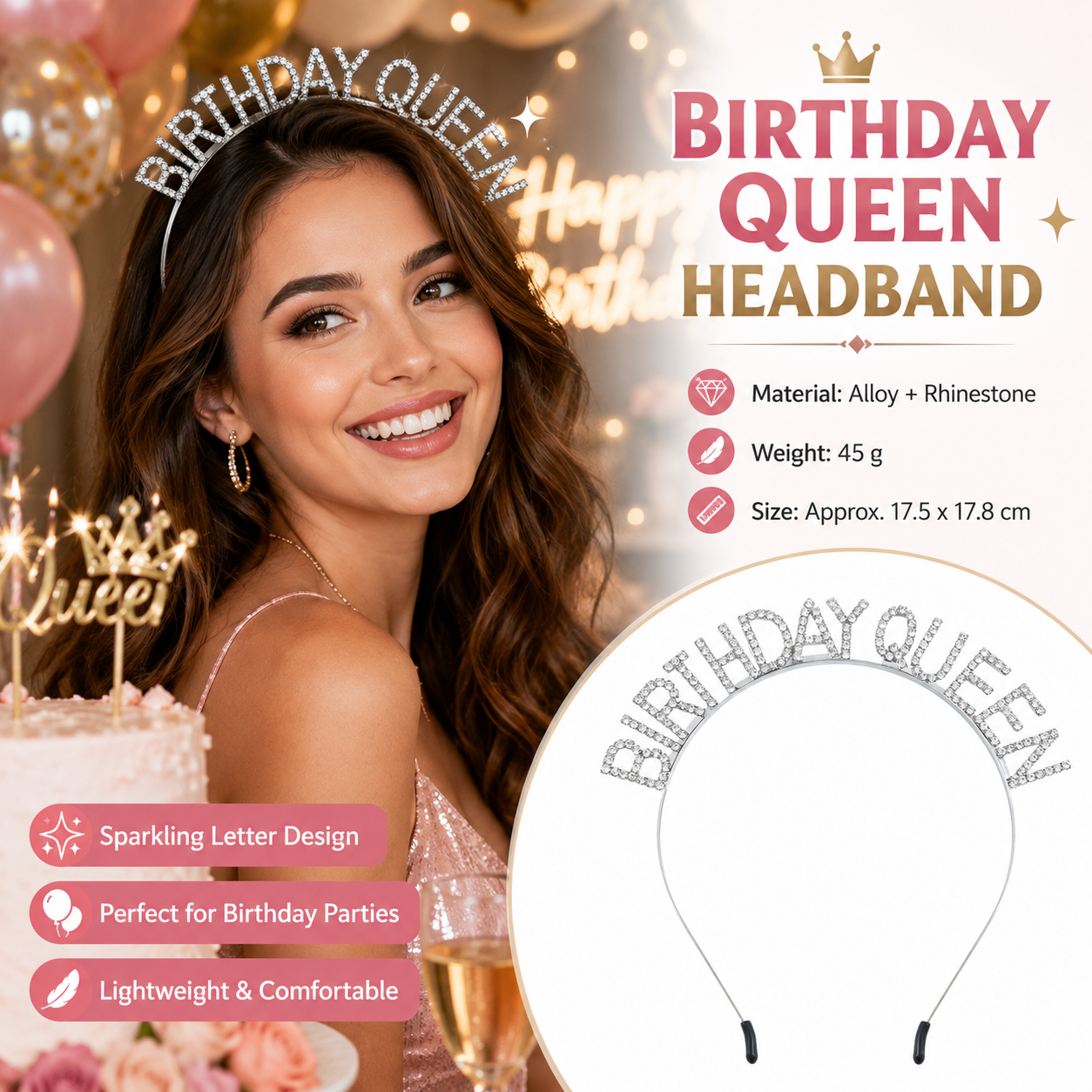 Silvery Birthday queen Rhinestone decorative headband - Alloy Letter Hair