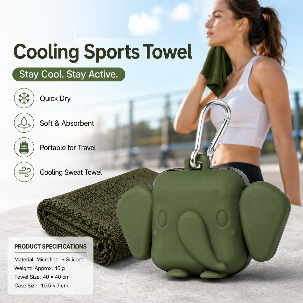 Green Portable Quick Dry Towel with Elephant Storage Box - Microfiber Cooling